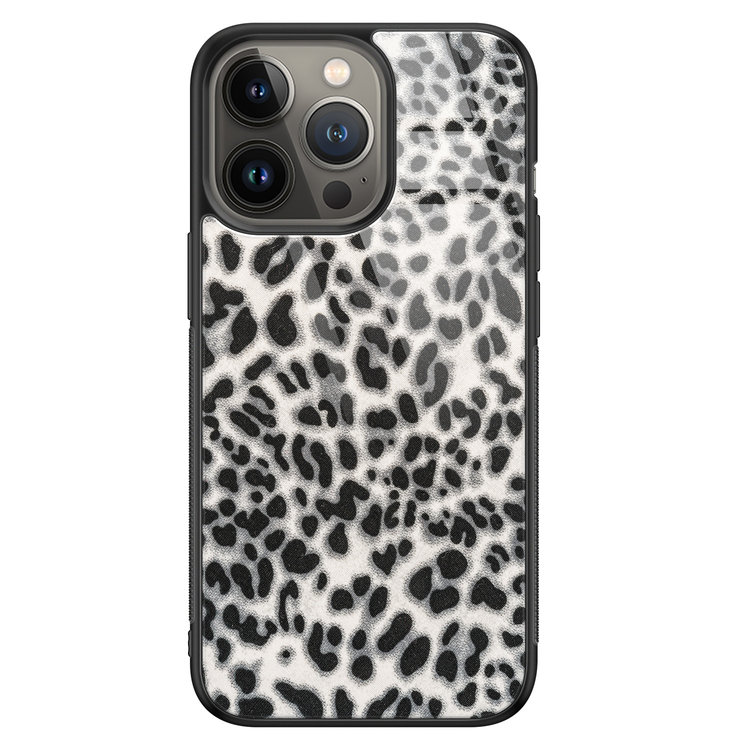 Leuke Telefoonhoesjes iPhone 13 Pro glazen hardcase - Luipaard grijs