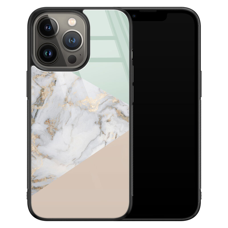 Leuke Telefoonhoesjes iPhone 13 Pro glazen hardcase - Marmer pastel mix