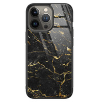 Leuke Telefoonhoesjes iPhone 13 Pro glazen hardcase - Marmer zwart goud