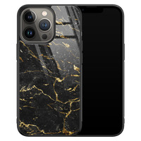 Leuke Telefoonhoesjes iPhone 13 Pro glazen hardcase - Marmer zwart goud