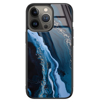 Leuke Telefoonhoesjes iPhone 13 Pro glazen hardcase - Marmer kobaltblauw