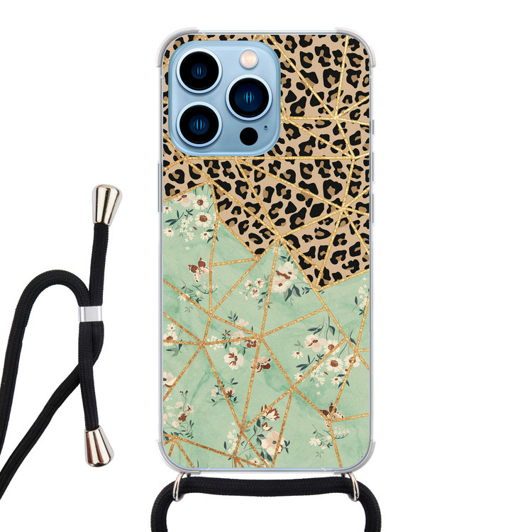 Leuke Telefoonhoesjes iPhone 13 Pro Max hoesje met koord - Luipaard flower print