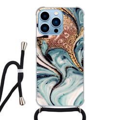 Leuke Telefoonhoesjes iPhone 13 Pro Max hoesje met koord - Marmer blauw swirl
