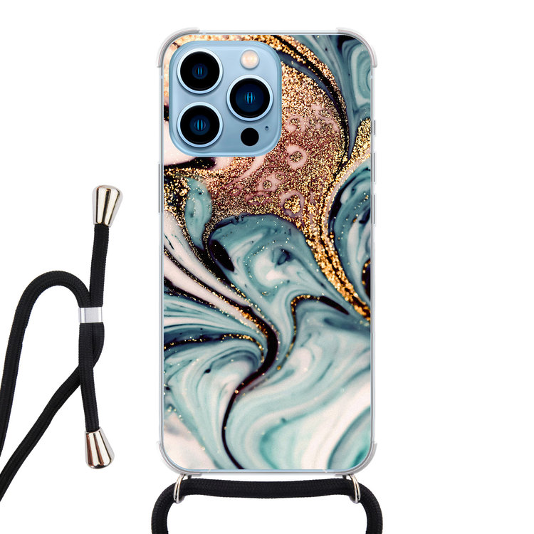 Leuke Telefoonhoesjes iPhone 13 Pro Max hoesje met koord - Marmer blauw swirl