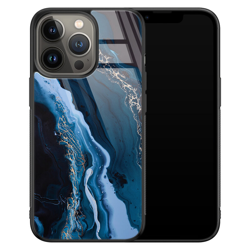 Leuke Telefoonhoesjes iPhone 13 Pro Max glazen hardcase - Marmer kobaltblauw