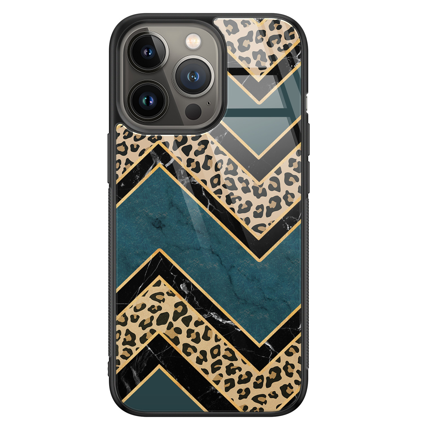 Leuke Telefoonhoesjes iPhone 13 Pro Max glazen hardcase - Luipaard zigzag