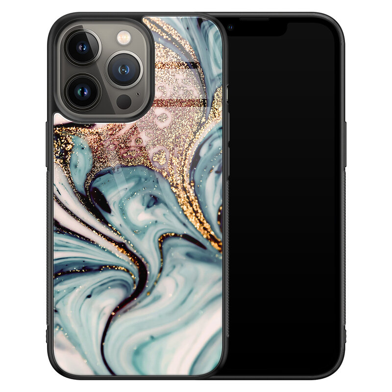 Leuke Telefoonhoesjes iPhone 13 Pro Max glazen hardcase - Marmer blauw goud