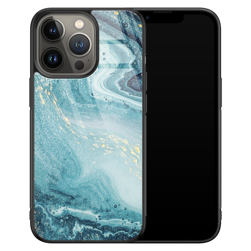 Leuke Telefoonhoesjes iPhone 13 Pro Max glazen hardcase - Marmer blauw