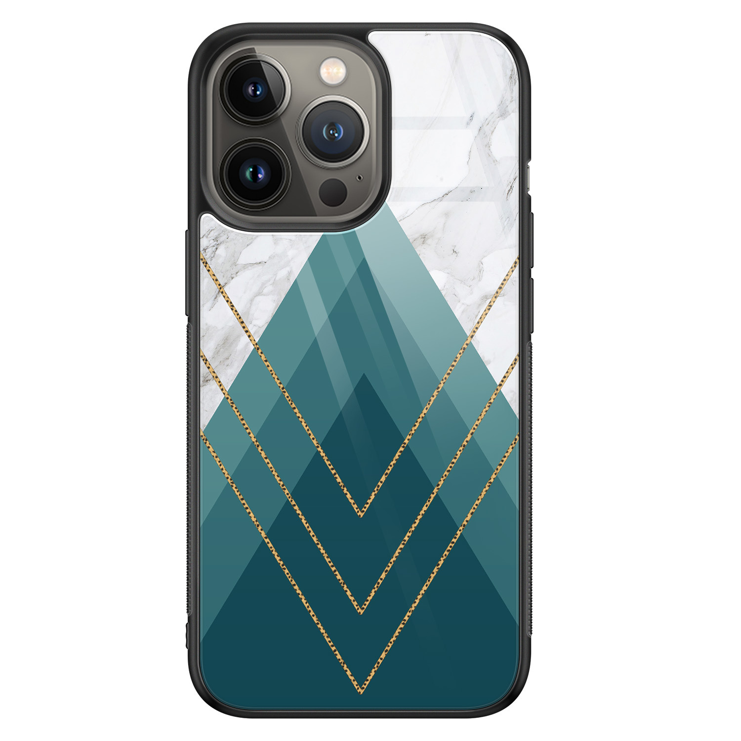 Leuke Telefoonhoesjes iPhone 13 Pro Max glazen hardcase - Geometrisch blauw