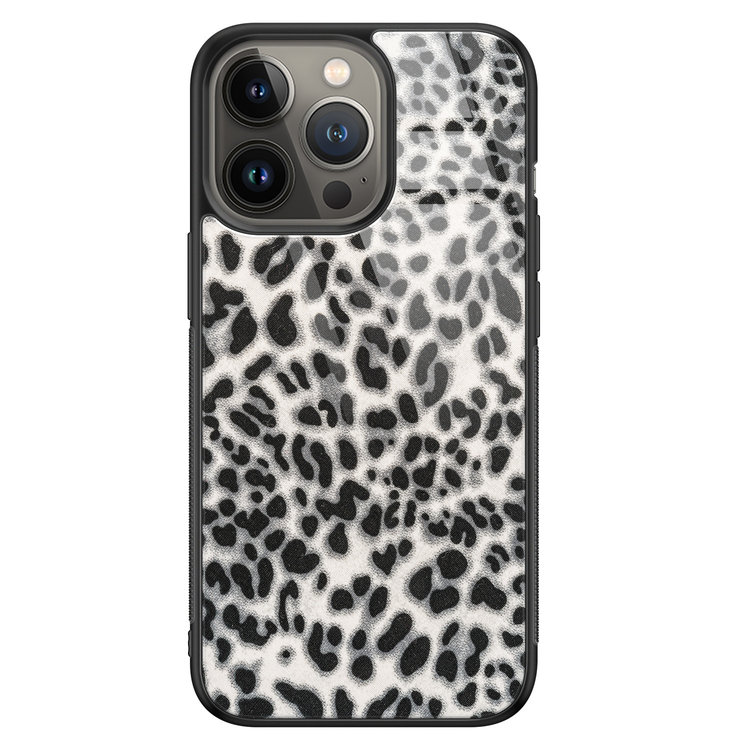 Leuke Telefoonhoesjes iPhone 13 Pro Max glazen hardcase - Luipaard grijs