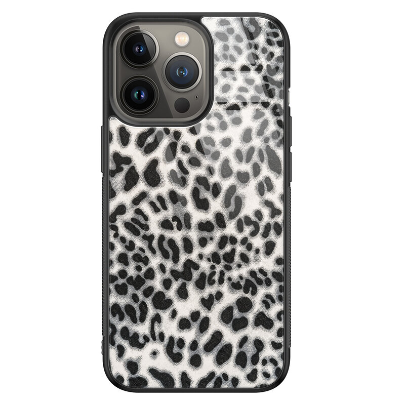 Leuke Telefoonhoesjes iPhone 13 Pro Max glazen hardcase - Luipaard grijs