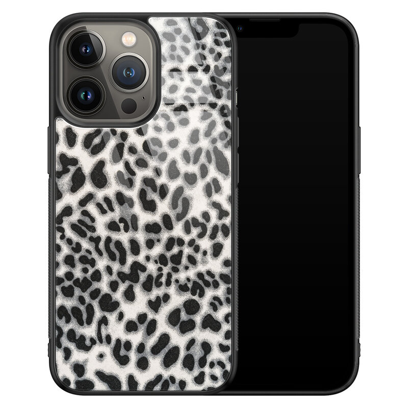Leuke Telefoonhoesjes iPhone 13 Pro Max glazen hardcase - Luipaard grijs