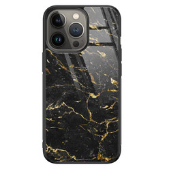 Leuke Telefoonhoesjes iPhone 13 Pro Max glazen hardcase - Marmer zwart goud