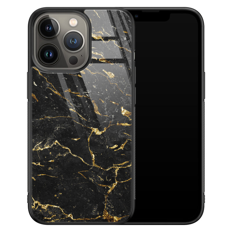 Leuke Telefoonhoesjes iPhone 13 Pro Max glazen hardcase - Marmer zwart goud