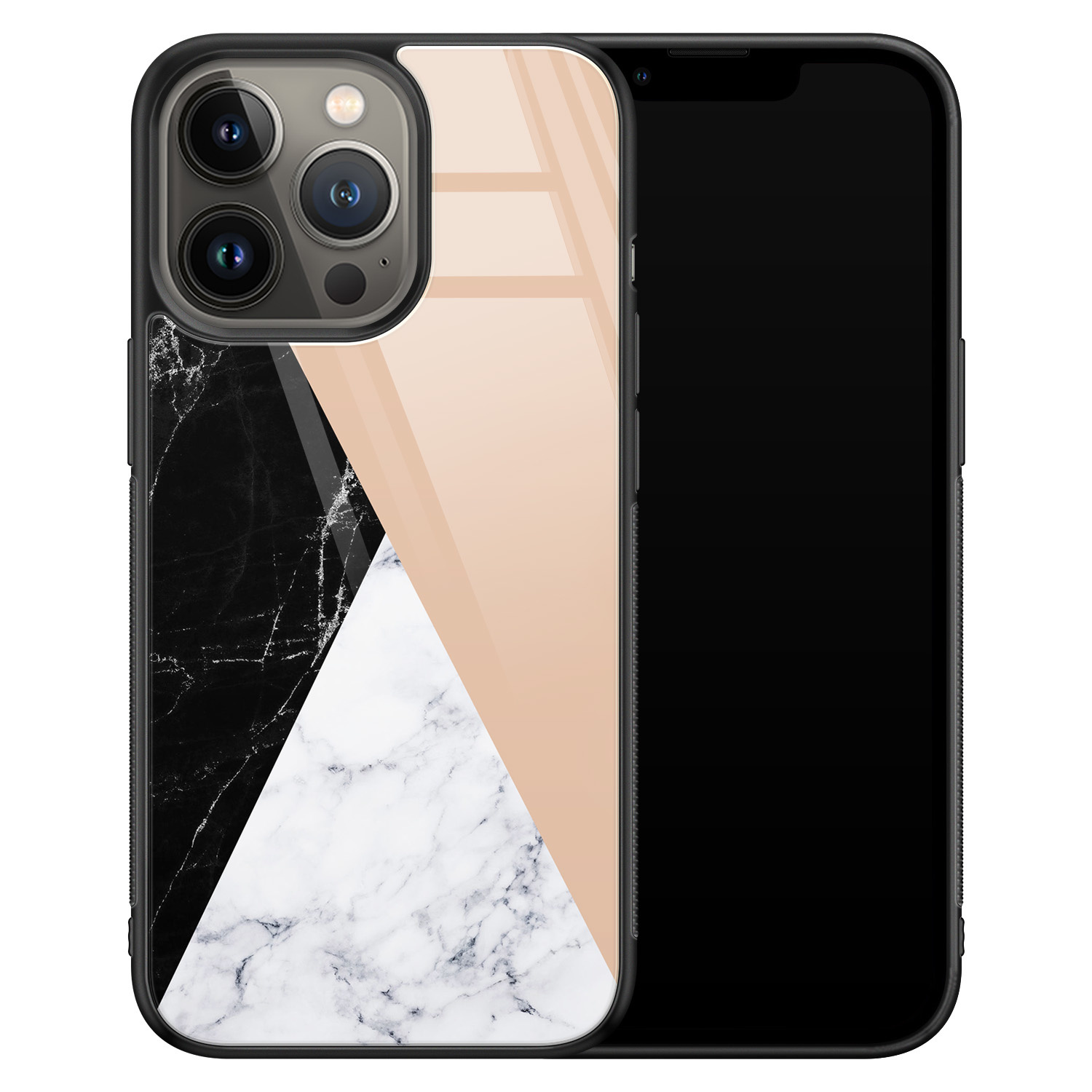 Leuke Telefoonhoesjes iPhone 13 Pro Max glazen hardcase - Marmer zwart bruin