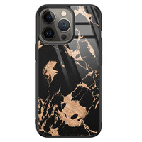 Leuke Telefoonhoesjes iPhone 13 Pro Max glazen hardcase - Marmer zwart brons