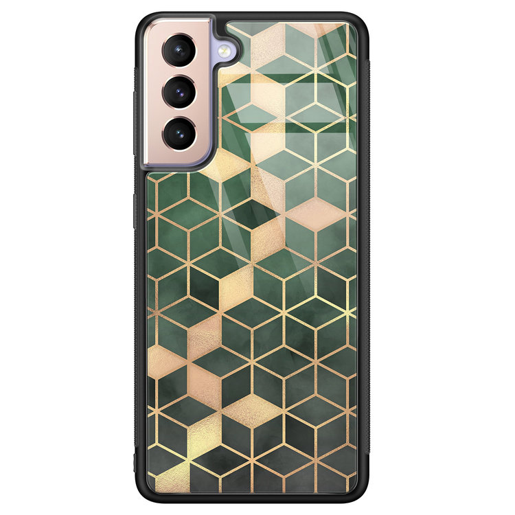 Leuke Telefoonhoesjes Samsung Galaxy S21 glazen hardcase - Green cubes
