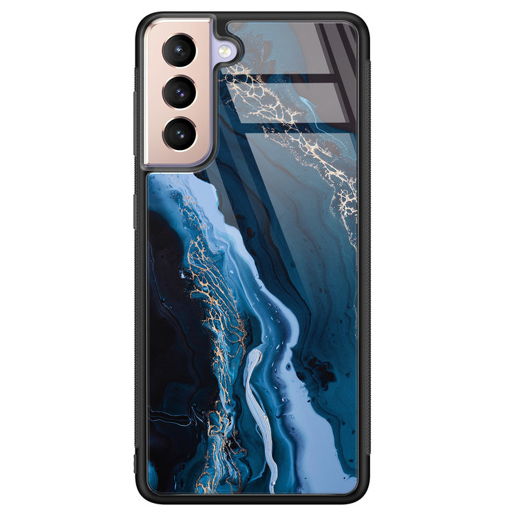 Leuke Telefoonhoesjes Samsung Galaxy S21 glazen hardcase - Marmer kobaltblauw