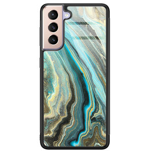 Leuke Telefoonhoesjes Samsung Galaxy S21 glazen hardcase - Marmer mint