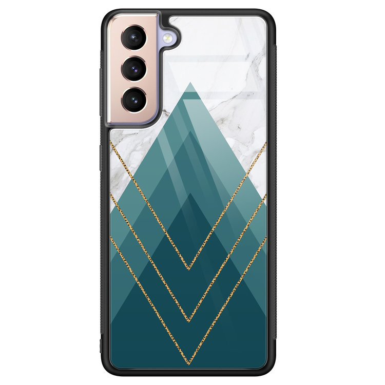 Leuke Telefoonhoesjes Samsung Galaxy S21 glazen hardcase - Geometrisch blauw
