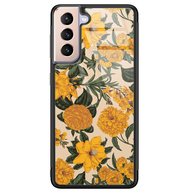 Leuke Telefoonhoesjes Samsung Galaxy S21 glazen hardcase - Retro flowers