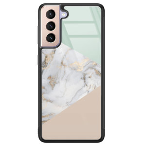 Leuke Telefoonhoesjes Samsung Galaxy S21 glazen hardcase - Marmer pastel mix