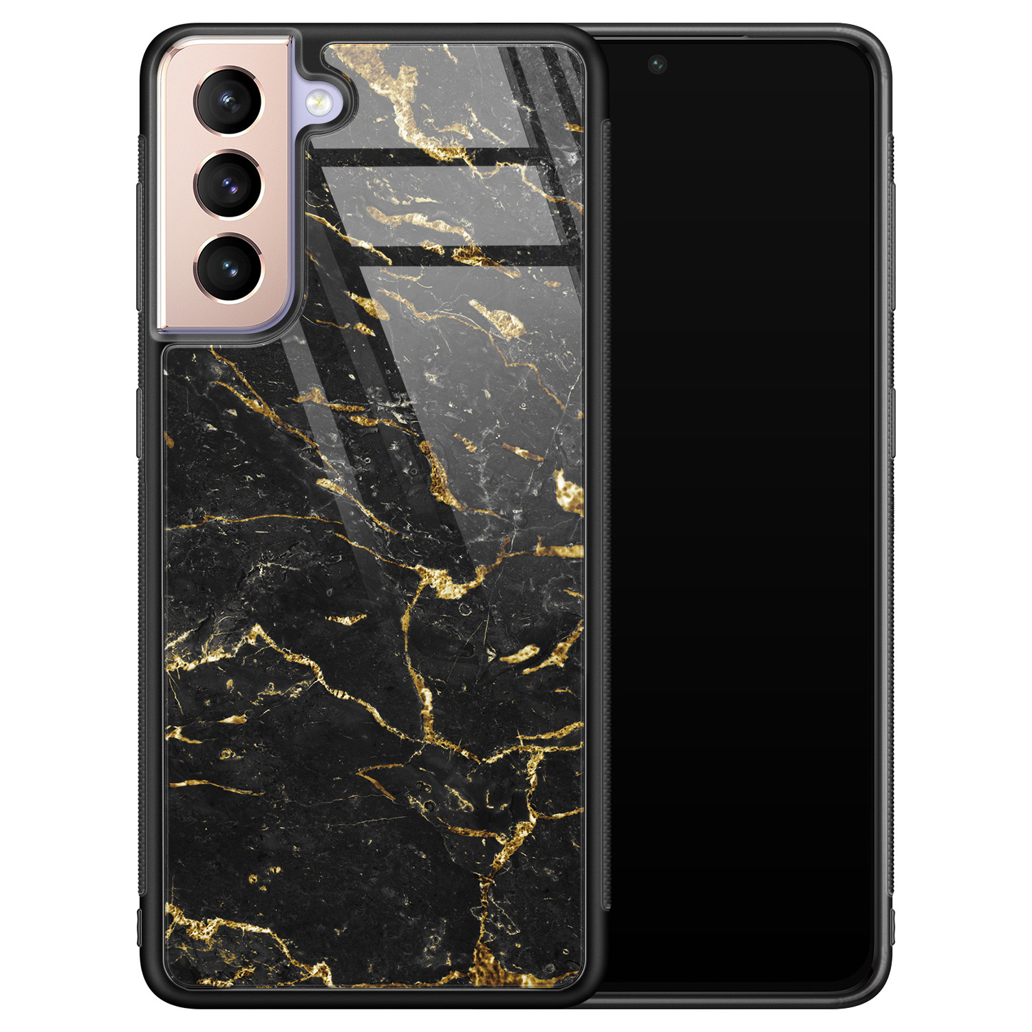 Leuke Telefoonhoesjes Samsung Galaxy S21 glazen hardcase - Marmer zwart goud