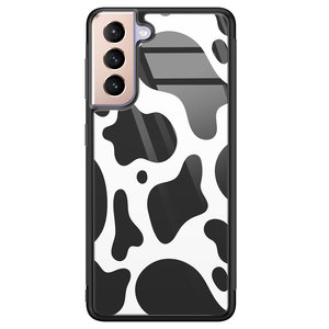 Leuke Telefoonhoesjes Samsung Galaxy S21 glazen hardcase - Koeienprint zwart wit