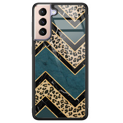 Leuke Telefoonhoesjes Samsung Galaxy S21 Plus glazen hardcase - Luipaard zigzag