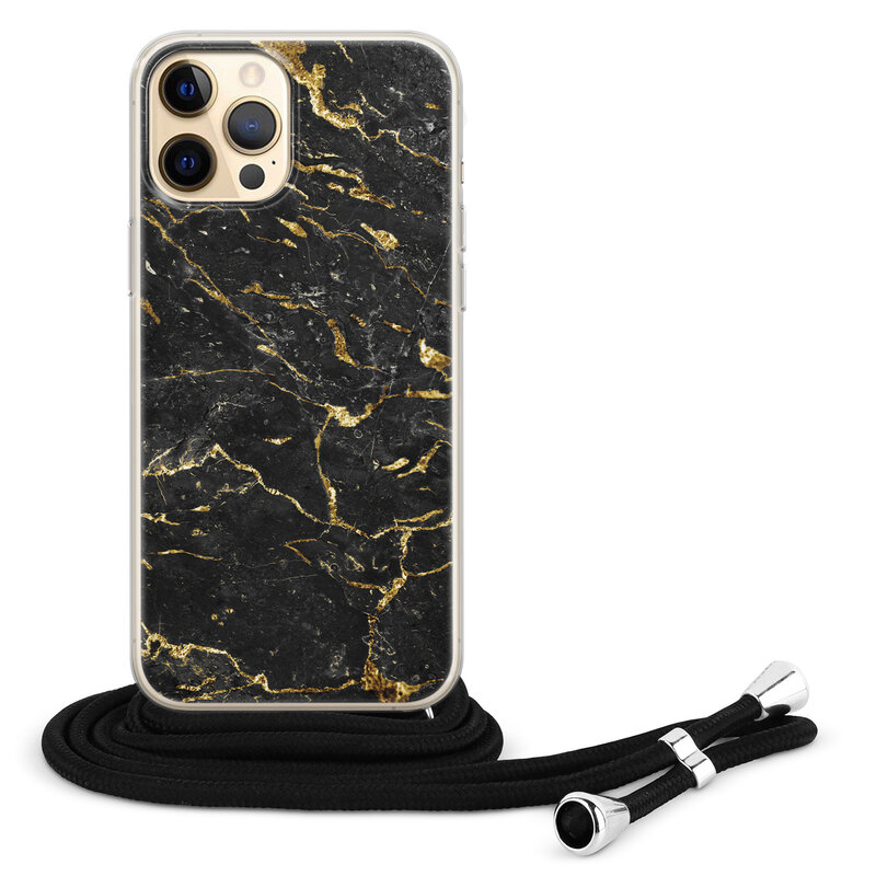 Leuke Telefoonhoesjes iPhone 12 (Pro) hoesje met koord - Marmer zwart goud
