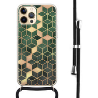 Leuke Telefoonhoesjes iPhone 12 (Pro) hoesje met koord - Green cubes