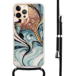 Leuke Telefoonhoesjes iPhone 12 (Pro) hoesje met koord - Marmer blauw swirl