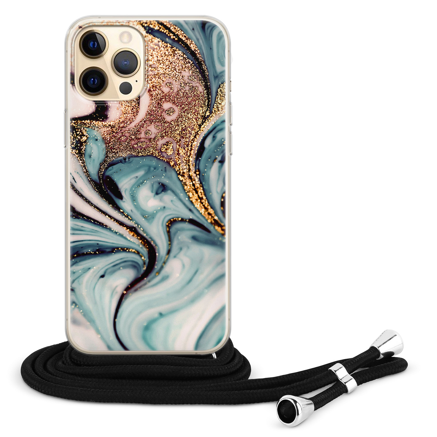 Leuke Telefoonhoesjes iPhone 12 (Pro) hoesje met koord - Marmer blauw swirl