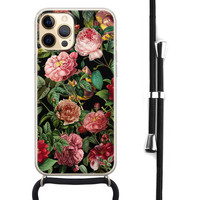 Leuke Telefoonhoesjes iPhone 12 (Pro) hoesje met koord - Rode bloemen