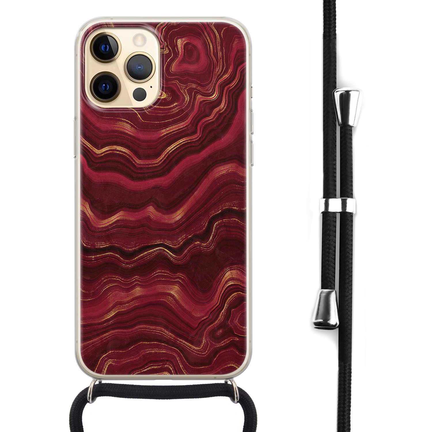 Leuke Telefoonhoesjes iPhone 12 (Pro) hoesje met koord - Marmer rood agate