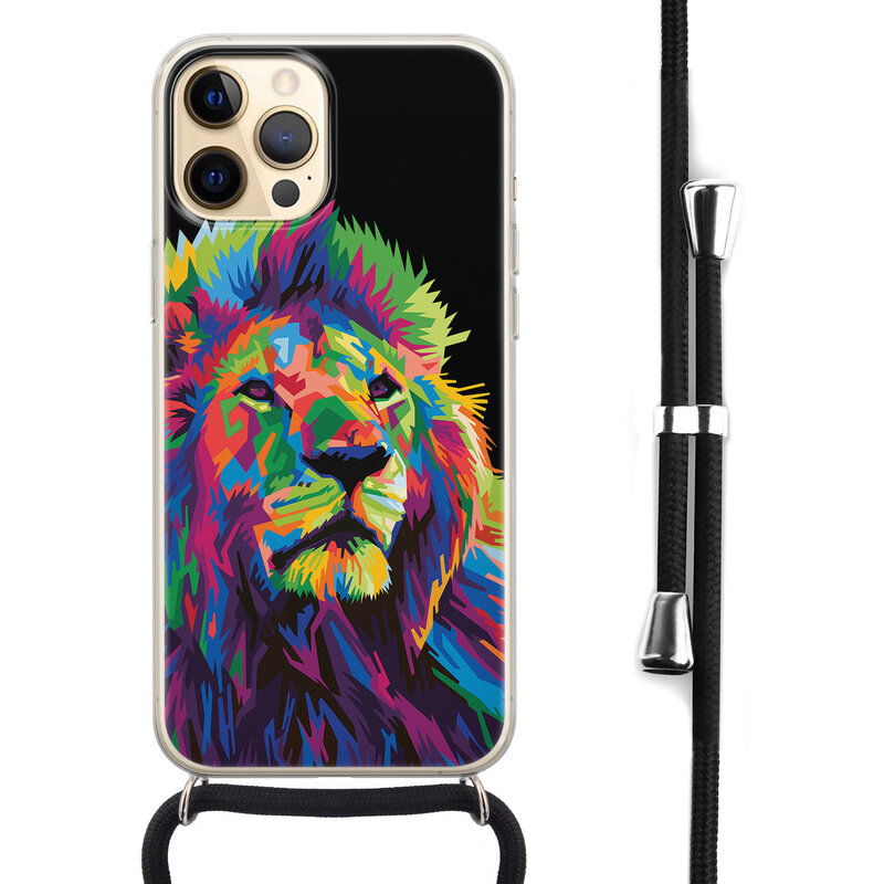 Leuke Telefoonhoesjes iPhone 12 (Pro) hoesje met koord - Leeuw pop art