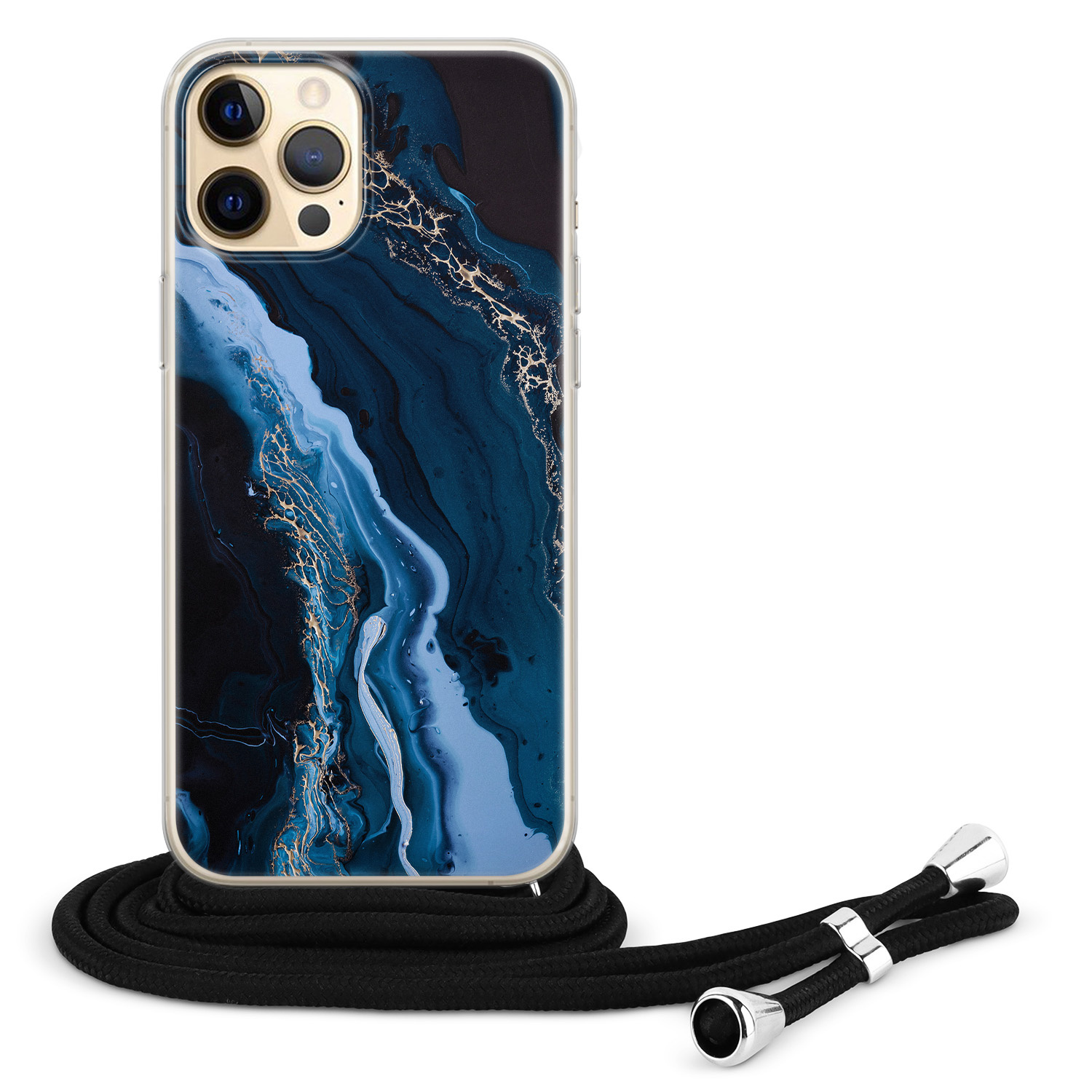 Leuke Telefoonhoesjes iPhone 12 (Pro) hoesje met koord - Marmer lagoon blauw