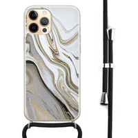 Leuke Telefoonhoesjes iPhone 12 (Pro) hoesje met koord - Marmer wit goud