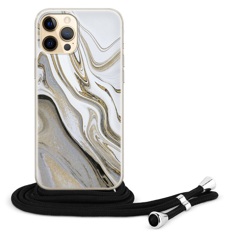 Leuke Telefoonhoesjes iPhone 12 (Pro) hoesje met koord - Marmer wit goud