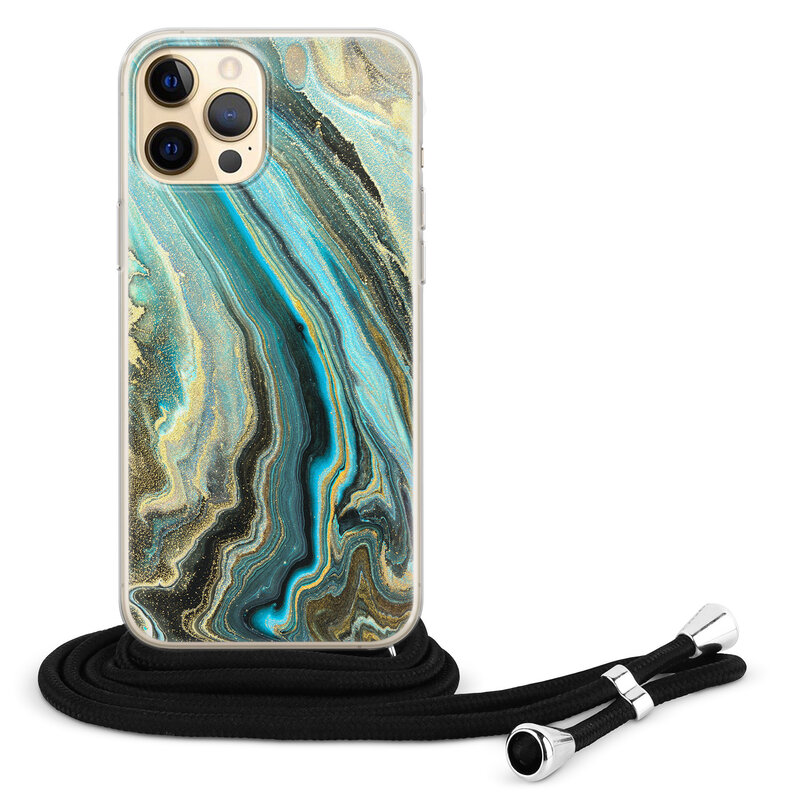 Leuke Telefoonhoesjes iPhone 12 (Pro) hoesje met koord - Marmer mint