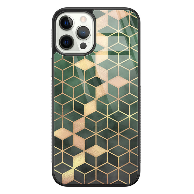 Leuke Telefoonhoesjes iPhone 12 Pro glazen hardcase - Green cubes
