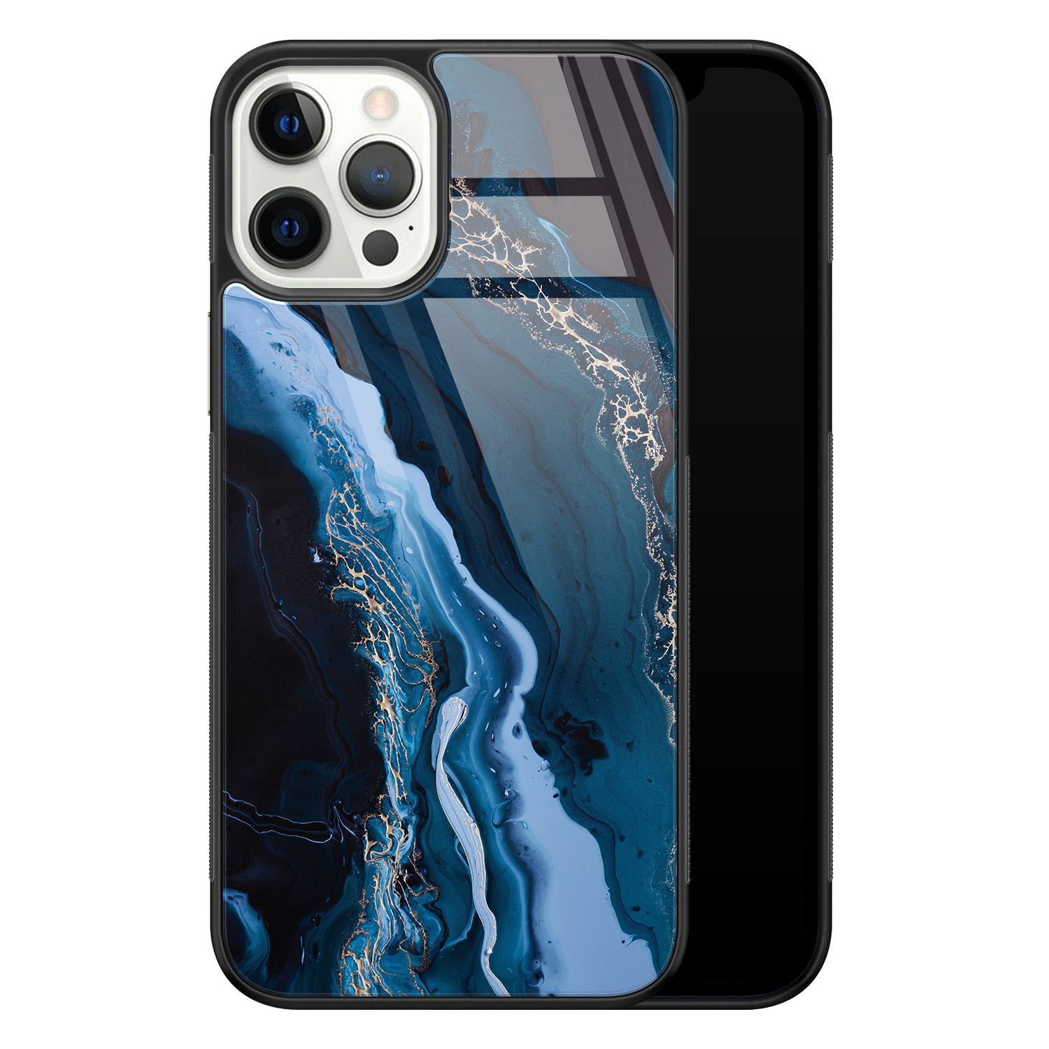 Leuke Telefoonhoesjes iPhone 12 Pro glazen hardcase - Marmer kobaltblauw