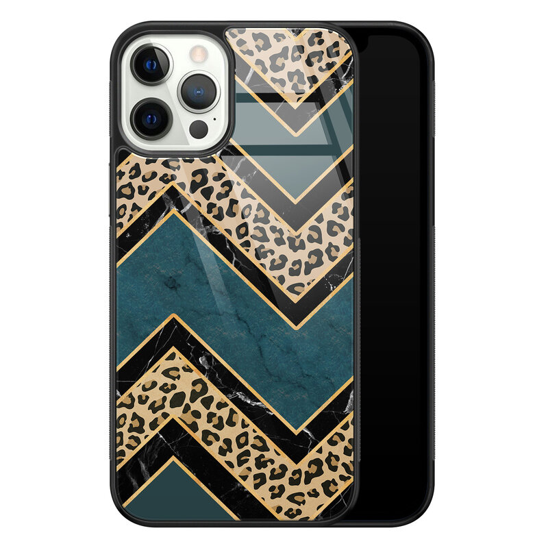 Leuke Telefoonhoesjes iPhone 12 Pro glazen hardcase - Luipaard zigzag