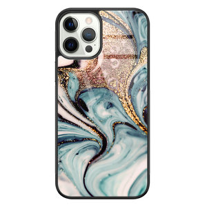 Leuke Telefoonhoesjes iPhone 12 Pro glazen hardcase - Marmer blauw goud