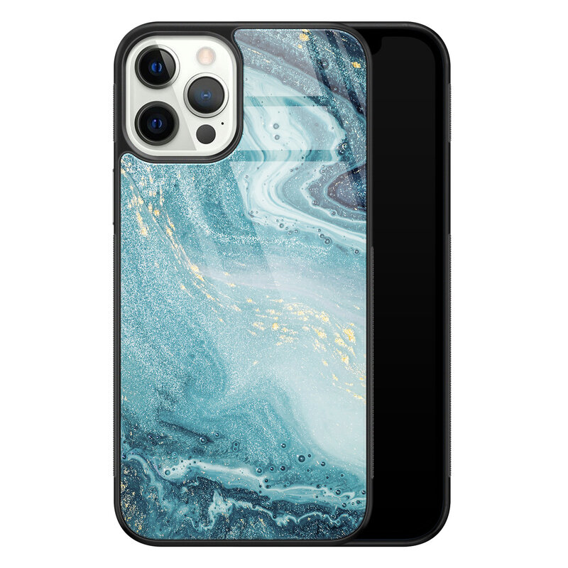 Leuke Telefoonhoesjes iPhone 12 Pro glazen hardcase - Marmer blauw