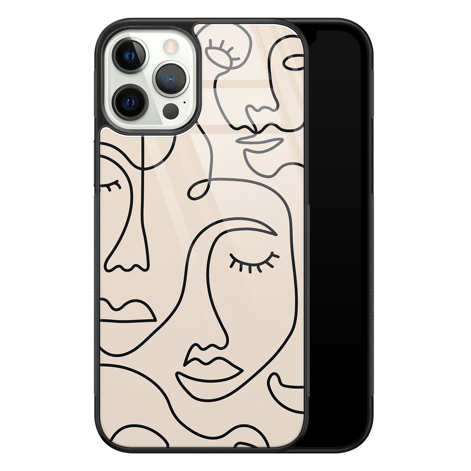 Leuke Telefoonhoesjes iPhone 12 Pro glazen hardcase - Abstract gezicht lijnen