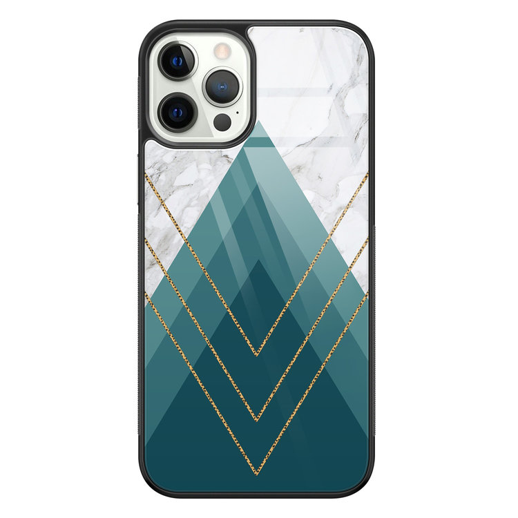Leuke Telefoonhoesjes iPhone 12 Pro glazen hardcase - Geometrisch blauw