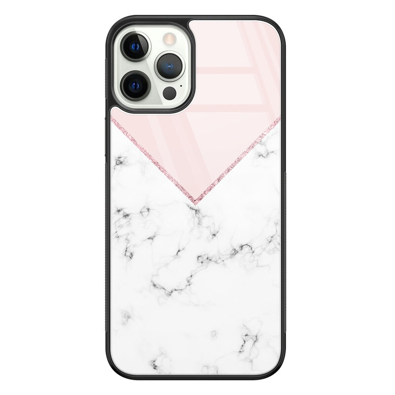 Leuke Telefoonhoesjes iPhone 12 Pro glazen hardcase - Marmer roze grijs