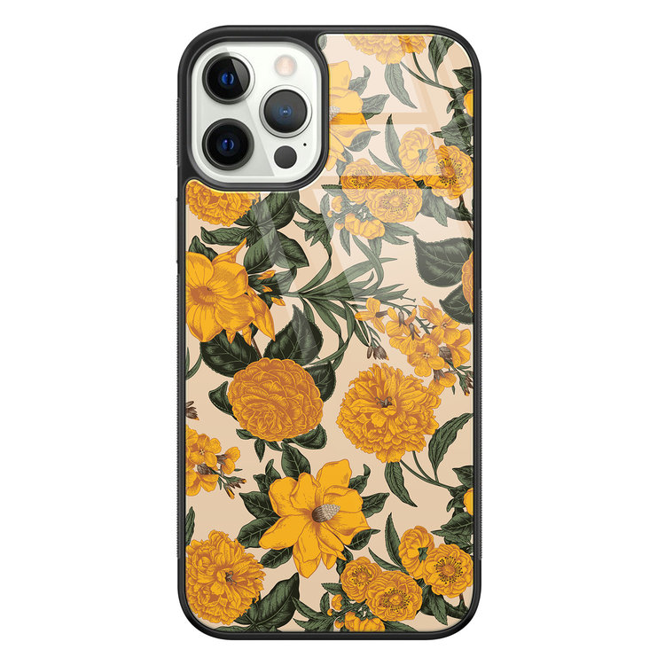 Leuke Telefoonhoesjes iPhone 12 Pro glazen hardcase - Retro flowers