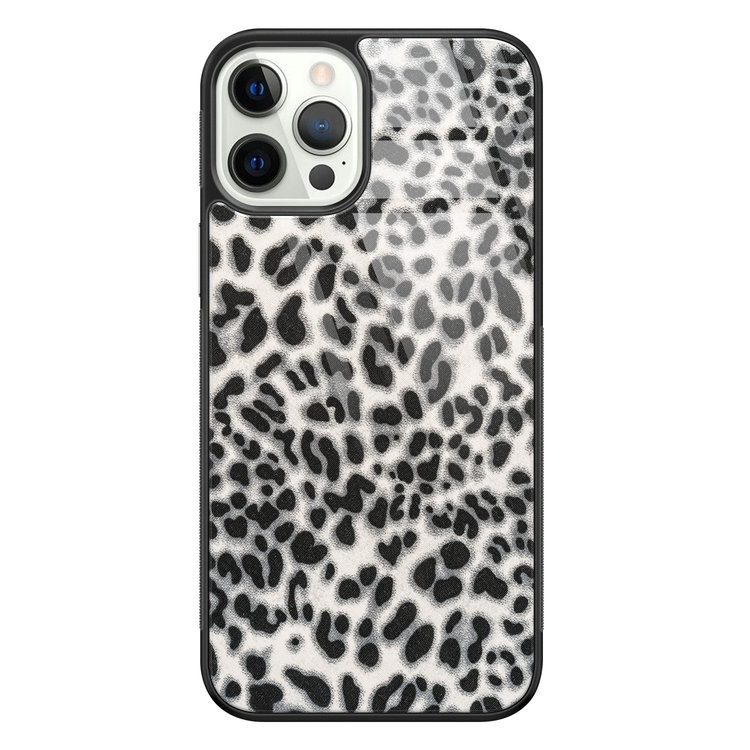 Leuke Telefoonhoesjes iPhone 12 Pro glazen hardcase - Luipaard grijs